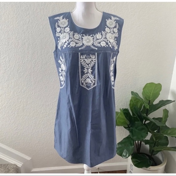 Tory Burch Sz XS Embroidered Chambray Tunic Calita Mini Shift Dress Scallop - Picture 4 of 12